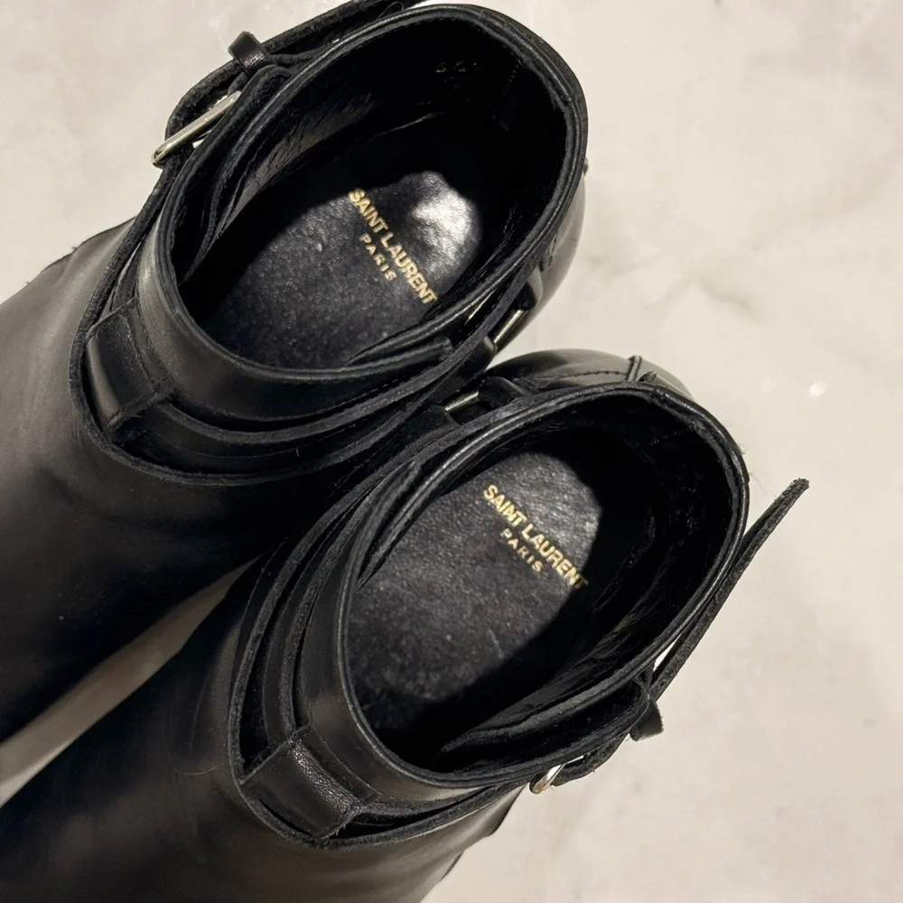 Saint Laurent Black Leather Ankle Booties with Buckle Straps - Picture 9 of 12